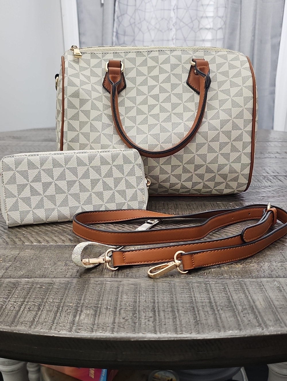 Structured Geo Print Satchel with Wallet - Cream & Brown